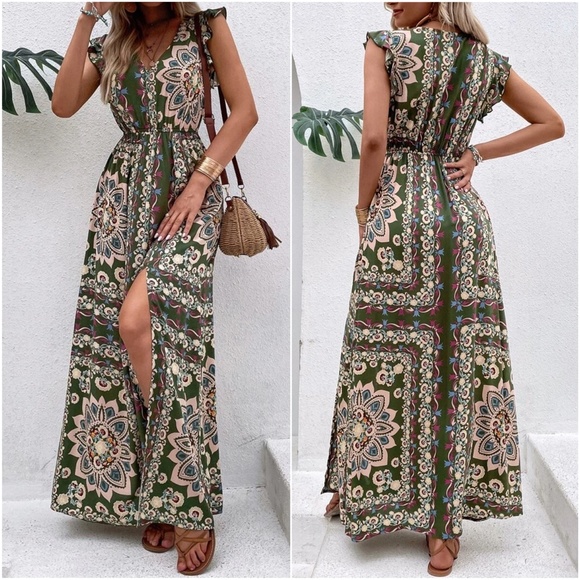Boho Floral Print V neck Ruffle Sleeve Maxi Dress - Picture 6 of 9
